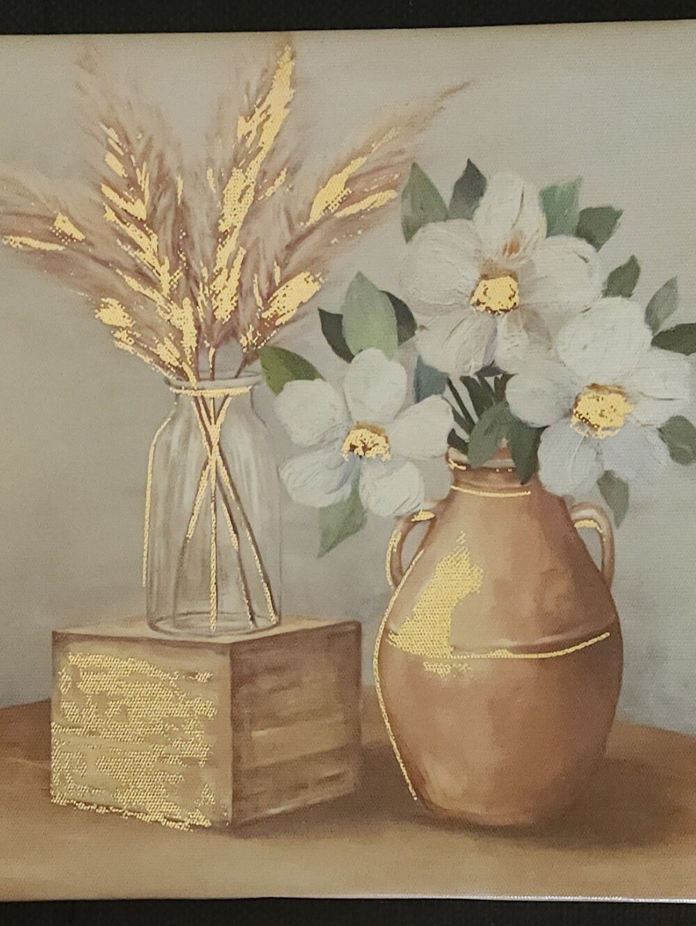 Neutral White Floral Canvas Art with Gold Accents